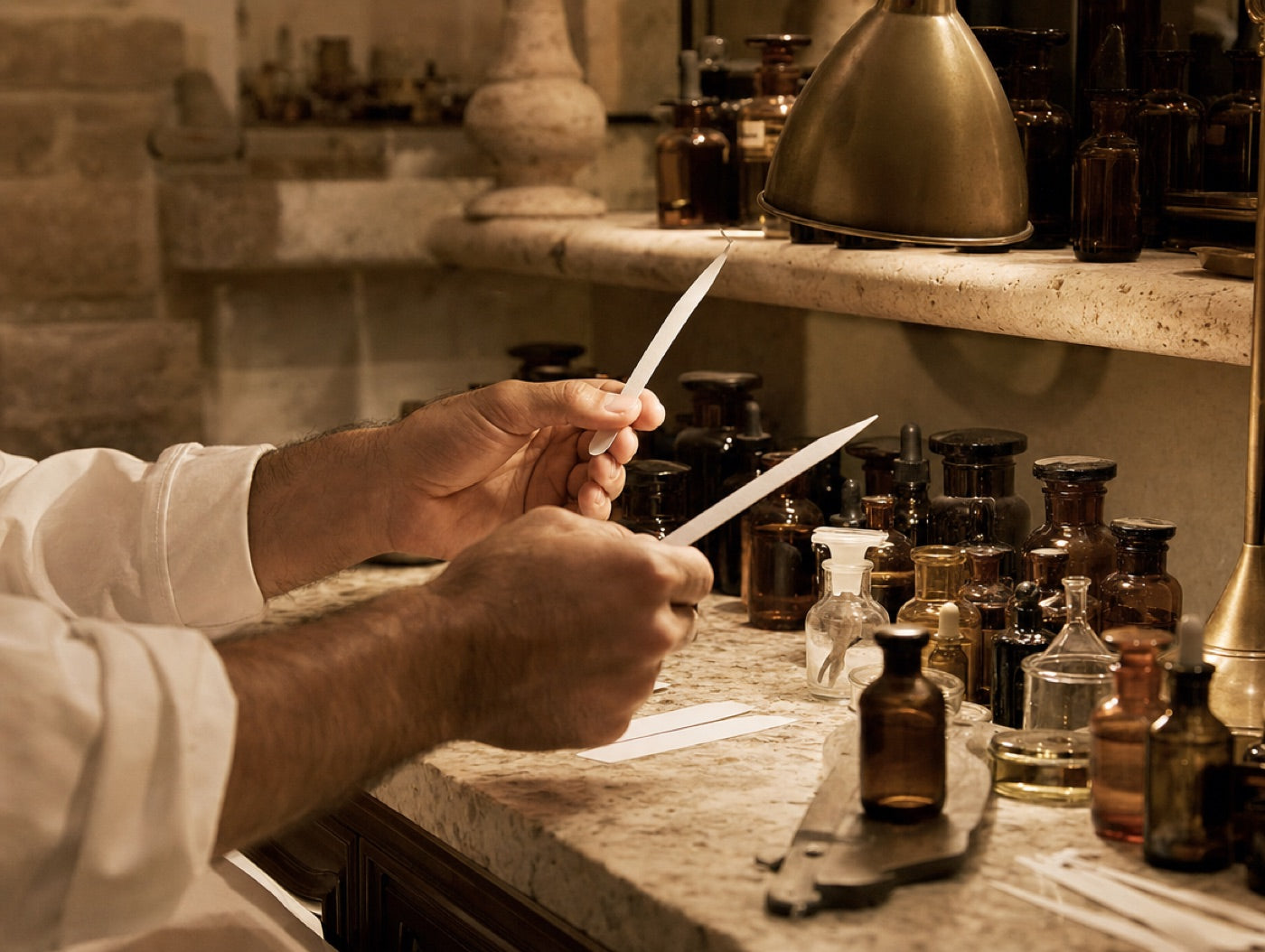 Atelier del profumiere con mouillette ed essenze